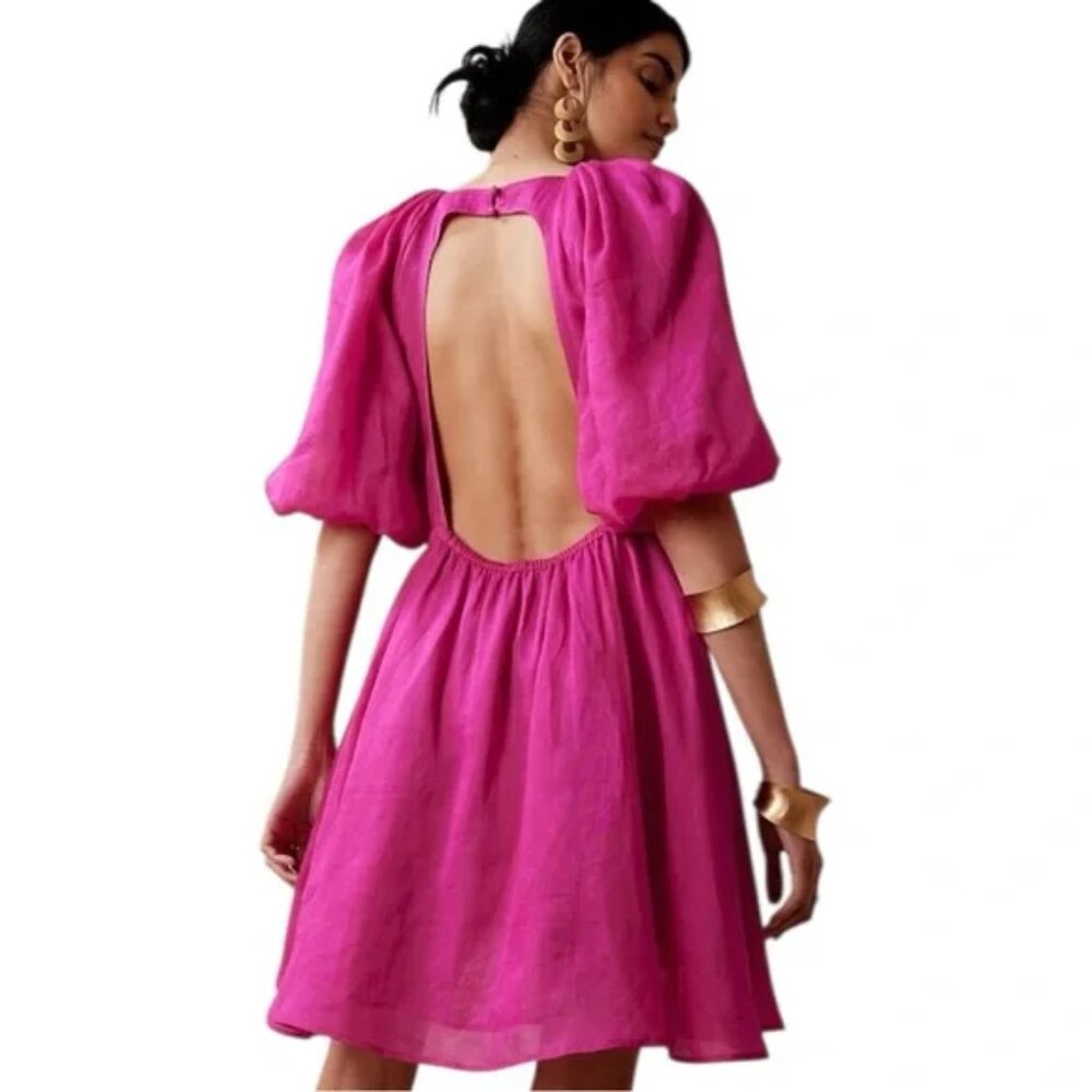 A Loves A Pink Holiday Chic Open Back Bubble Sleeve Mini Dress Small Magenta